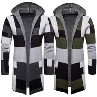 Wholesale Men s Jackets Men Fashion Hooded Knit Cardigan Sweater Coat Long Sleeve Color Blocks Overcoat For
