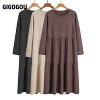 Wholesale GIGOGOU Casual Loose Long Knit Women Sweater Straight Dress Solid O Neck Oversized Pullover Maxi Dresses Autumn Midi Party Dress