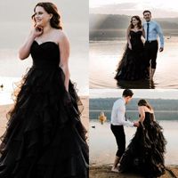 Wholesale 2021 Black A Line Tiered Ruffles Bridal Gowns Plus Size Sweetheart Neck Tulle Lace up Back Long Gothic Wedding Dresses