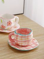 Wholesale Mugs Nordic Pink Plaid Ceramic Coffee Cup Set Irregular Decorative Home Breakfast Milk Tea Kitchen Reusable Drinking