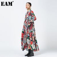 Wholesale eam women pattern printed big size dress new stand collar long sleeve loose fit fashion spring autumn dd0261