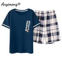Wholesale Mens Lounge Wear Summer Pajamas for Man Big Shorts Two Pieces Navy Letter Printing Pullover Leisure Sleep Wear Men Pjs