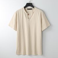 Wholesale Thin Chinese Style Linen Short sleeved T shirt Men s V neck Summer Loose Cotton Plus Size Trend T Shirts