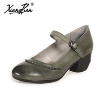 Wholesale High Heels Mary Jane Leather Women Shoes Handmade Retro Comfortable Thick Heel Female Green Xiangban Dress