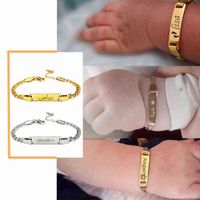 Wholesale Personalize Baby Name Bracelet Figaro Chain Smooth Bangle Link Gold Tone No Fade Safty Jewelry Custom Id Bar