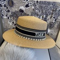 Wholesale Vintage Letters Straw Hats Womens Elegant Flat Top Bucket Hat Summer Outdoor Wide Brim Sun Caps Fashion Beach Cap Colors