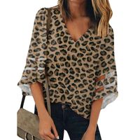 Wholesale Leopard Print Sexy Women s Tops Bell Sleeves Mesh Panel Fashion Deep V neck Blouse Loose Female Chiffon Shirts image custom