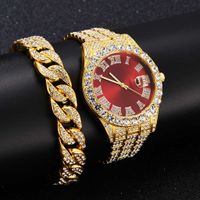 Wholesale 2 Watch bracelet Hip Hop Stainless Steel Gold Color Calendar Watch For Men Iced Out Paved Rhinestones Men Watch Reloj Hombre H1012