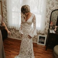Wholesale Vintage Beige Full Lace Boho Mermaid Wedding Dresses Bridal Gowns With Flare Long Sleeve Sexy Backless V Neck Country Beach Bride Formal Dress Custom Made