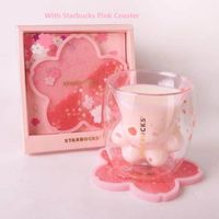 Wholesale Limited Edition Starbucks Cute Cat Foot Mugs with Quicksand Coaster Cat claw Coffee Mug Sakura oz Pink Double Wall Glass Cups