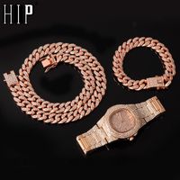 Wholesale 13MM Rose Gold Necklace Watch Bracelet Hip Hop Miami Curb Cuban Chain Iced Out Paved Rhinestones CZ Bling For Men Jewelry