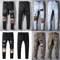 Wholesale Classic Clothing jeans men and women high quality printed army green leopard print destruction men s straight motorcycle Jean