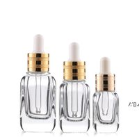 Wholesale Elegant Glass essential oil perfume bottles clear dark blue dropper bottle grid square bottle bottom gold cap white tip BY SEA RRB13603
