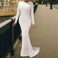 Wholesale Casual Dresses Long Sleeves Bodycon Party Wear Mermaid Dress Slim Sequined Business Formal Evening Maxi Elegant Women Lace Applique Gown
