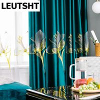 Wholesale Luxury Dark Green Curtains With Lily Embroidery For Bedroom Living Room Window Treatment Sheer Blue Tulle Curtain Drapes