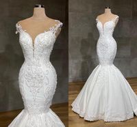 Wholesale Luxurious Mermaid Lace Dresses For Wedding Party Jewel Neck Appliqued Beading Long Cathedral Train Bridal Gowns Casual