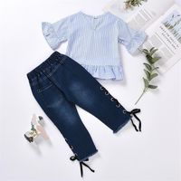 Wholesale Baby Girls Clothing Set Infant Striped Short Sleeve Top Kids Designer Clothes Toddler Baby Outfits Hole Side Denim Pants Boutique Y2