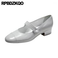 Wholesale Dress Shoes Chunky Silver Round Toe Korean Casual Pumps White Block Luxury Metallic Ladies Low Heels Mary Jane Designer Thick