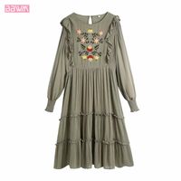 Wholesale Casual Dresses Vintage Flower Embroidery Round Neck Long Sleeve Dress Fashionable Sweet Ruffles Loose Splicing Chic Female Midi