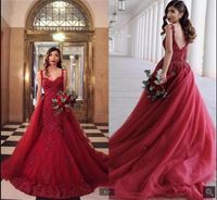 Wholesale 2021 Vestido De Festa wine tulle mermaid prom dress beaded lace appliques open back sexy with straps party dresses court train removable skirt evening gowns
