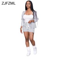 Wholesale Sporty Workout Piece Set Outfit for Women White Slim Fit Cami Tops drawstring Biker Shorts long Sleeve Hooded Jackets
