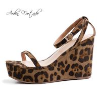 Wholesale Arden Furtado Summer Wedges Ankle Strap Leopard Casual Sandals Flat Platform Women s Shoes Ladies Rome Black Suede