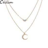 Wholesale New Trendy Crystal Crescent Moon Necklaces Pendant For Women Multi Layer Gold Color Necklace Bohemian Party Wedding Jewelry Gifts