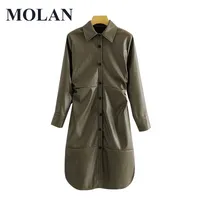Wholesale Casual Dresses MOLAN Faux Leather Dress Women Draped Vintage Long Sleeves Chic Fashion Button up Side Vents Vestido Female