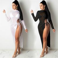 Wholesale Casual Dresses Women Mesh Sheer Maxi Split Dress Summer Long Sleeve See Through Bodycon Club Sexy Beach Swimwear Cover ups
