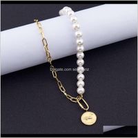 Wholesale Necklaces Sweater Chain Simple Versatile Natural Freshwater Pearl Gold Coin Pendant Titanium Steel Necklace Avz4V Oe4G