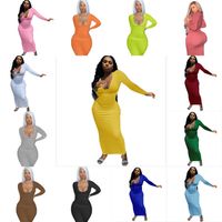 Wholesale 17 Colors S XL plus size women long dressess low neck solid color long sleeve bodycon vest dress skinny playsuit sexy maxi skirt party casual clothing G86A5V1
