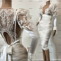Wholesale Little White Dress Long Sleeve Mermaid Knee length Prom Dresses Sheer O neck Aso Ebi Lace Evening Cocktail Wear Gowns