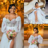 Wholesale Puffy Long Sleeve Wedding Dresses african Beads Lace Applique Bridal Gowns Off the Shoulder Robe Side Split See Through Photoshoot Robes