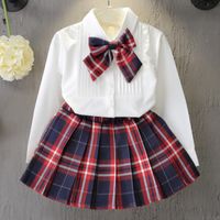 Wholesale New Christmas Outfits Girls Clothing Sets Casual Girls Dress Set Shirt Top Plaid Knot Tie Plaid Mini Skirt Set Suits1 Q2