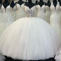 Wholesale Charming Ball Gown Wedding Dresses Off shoulder See Through Top Tulle Ruched Skirt Court Train Lace Applique Bridal Gowns Plus size Petite