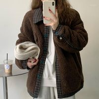 Wholesale Women s Jackets Fashion Winter Faux Lamb Fur Teddy Coat Woman Jacket Plaid Patchwork Long Sleeve Thick Loose Casual Overcoat Outwear Abrigos