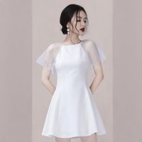 Wholesale Casual Dresses White Elegant Short A Line Office Lady Sweet Mesh Butterfly Sleeve Formal Party Dress Exquisite O Neck Banquet Gown