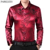 Wholesale Wine Red Smooth Silk Satin Shirt Men Chinese Dragon Jacquard Mens Slim Fit Long Sleeve Button Down Dress Shirts Chemise XL