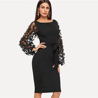 Wholesale Black Party Elegant Flower Applique Contrast Mesh Sleeve Matching Form Belted Solid Dress Women Streetwear Dresses Casual