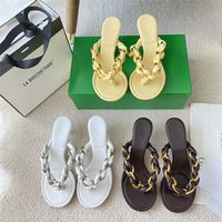 Wholesale 2021 ins real leather middle heel heeled slipper summer flip flop shoes full logo package drop ship B2880