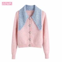 Wholesale Sweet Doll Collar Stitching Long Sleeves Women s Sweater Vintage Jewelry Button Loose Color Matching Chic Tops Female