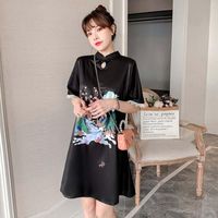Wholesale Ethnic Clothing Black Loose Cheongsam Lady Sexy Printing Lace Qipao Women Chinese Style National Trend Mini Evening Party Robe Orientale Dre