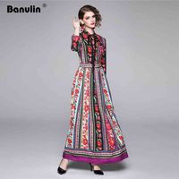 Wholesale Autumn Women s O Neck Long Sleeves Bow Detailing Floral Printed Striped Pleated Elegant Maxi Runway Dresses