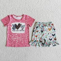 Wholesale Clothing Sets Children Summer Baby Girl Pink Tie dye Peace Love Chickens Shirt Ruffle Flower Shorts Kids Boutique Outfit