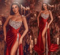 Wholesale Sexy Red Silver High Split Evening Dresses Mermaid Strapless Sequins Long Prom Gowns Formal Occasion Vestidos de fiesta