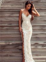 Wholesale Sexy High Slit Lace Wedding Dresses With Spaghetti Straps White Lace Applique Champagne Satin Sheath Beach Backless bridal Gown Cheap