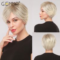 Wholesale Ombre Light Brown Gray Ash Blonde Wigs with Side Bangs Pixie Cut Short Straight Synthetic Party Cosplay Wigs for Women