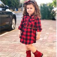 Wholesale Classic Red black Buffalo Paid Check Shirt Dress for Kids Toddler Little Girl with Braided Leather Belt Waistband Piece Set Overall Half Button Dresses GW2DEHK