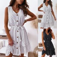 Wholesale Dress Casual Polka Dot Sleeveless Summer Beach Sundress V Neck Button Up White Black A Line With Waist Tie Ladies Dresses