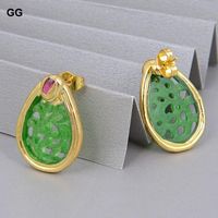 Wholesale Jewelry Natural Teardrop Green Jades Carved Fuchsia Crystal With Electroplated Edge Stud Earrings For Women Lady Girl Gift Dangle Chandeli